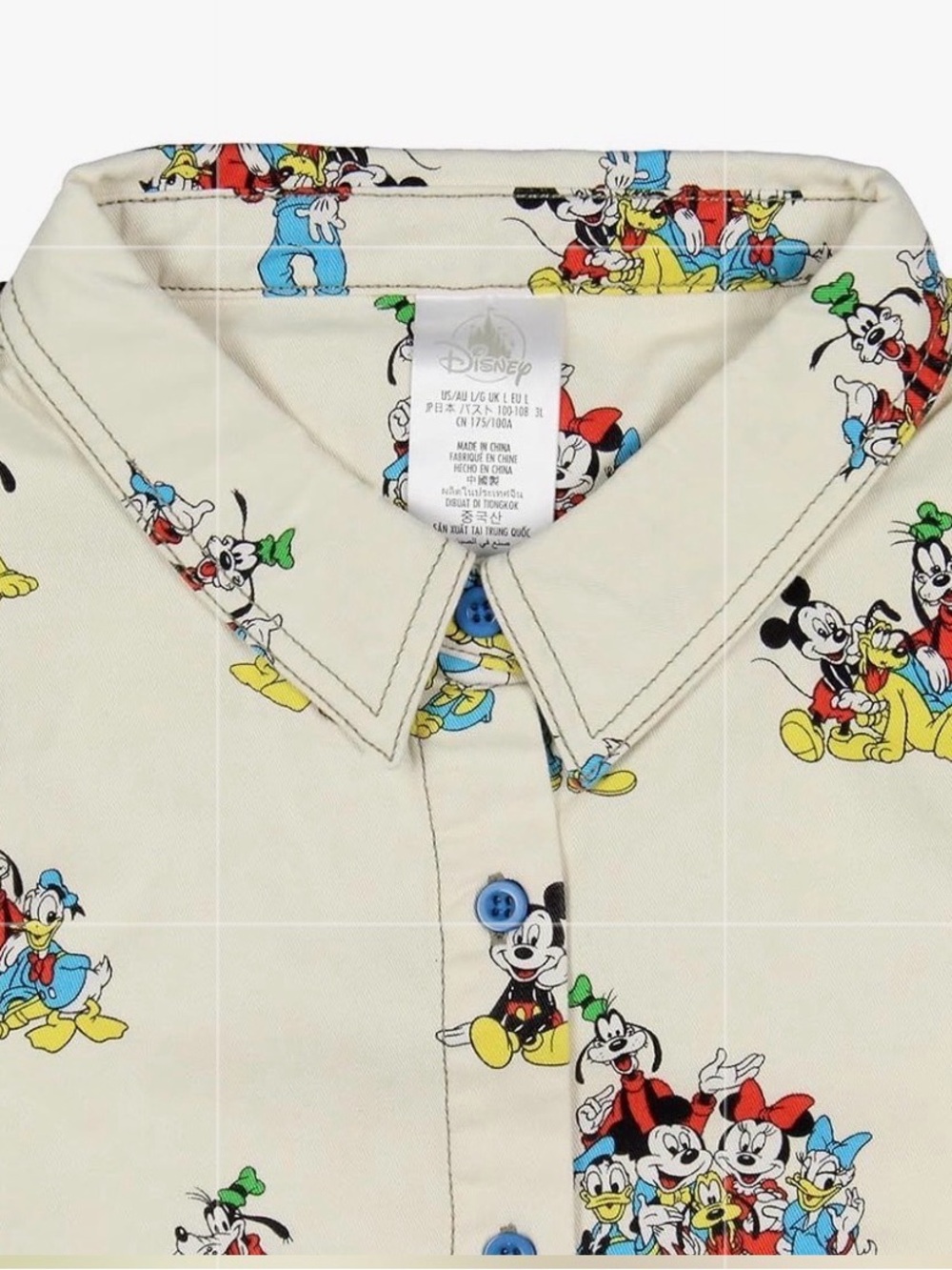 Disney Parks Mickey and Friends cream medium weight button down- blue button- L